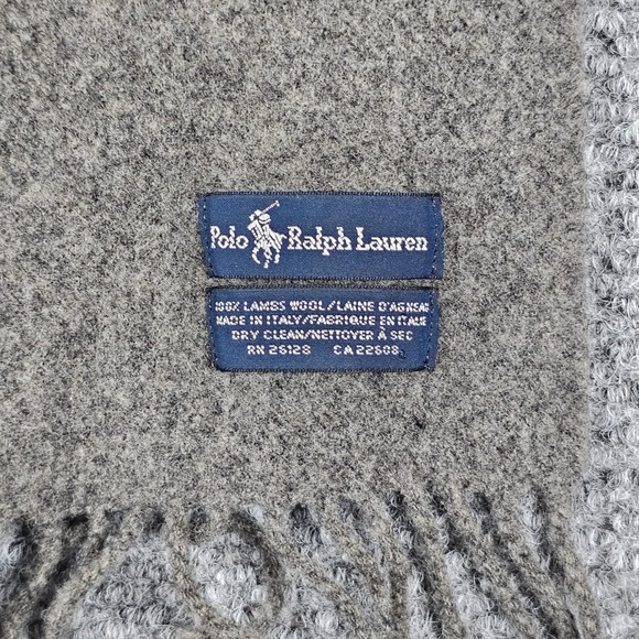 Vintage Polo Ralph Lauren Gray LambsWool Scarf Polo Player Logo Fringe - Picture 4 of 5